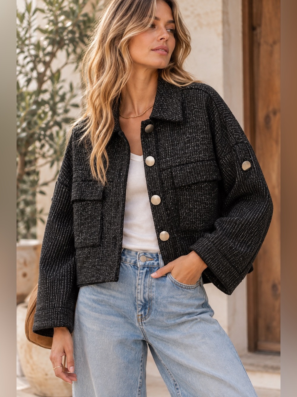 ZARA Black Tweed Boucle Cropped Jacket Silver Buttons Boxy Shacket Medium Large
